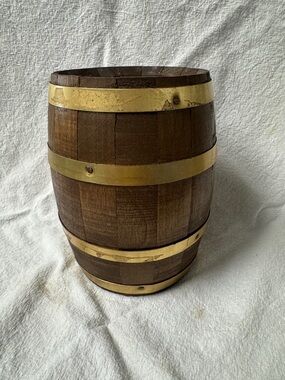 Rustic Wooden Barrel Coin Bank with Brass Bands - Brown